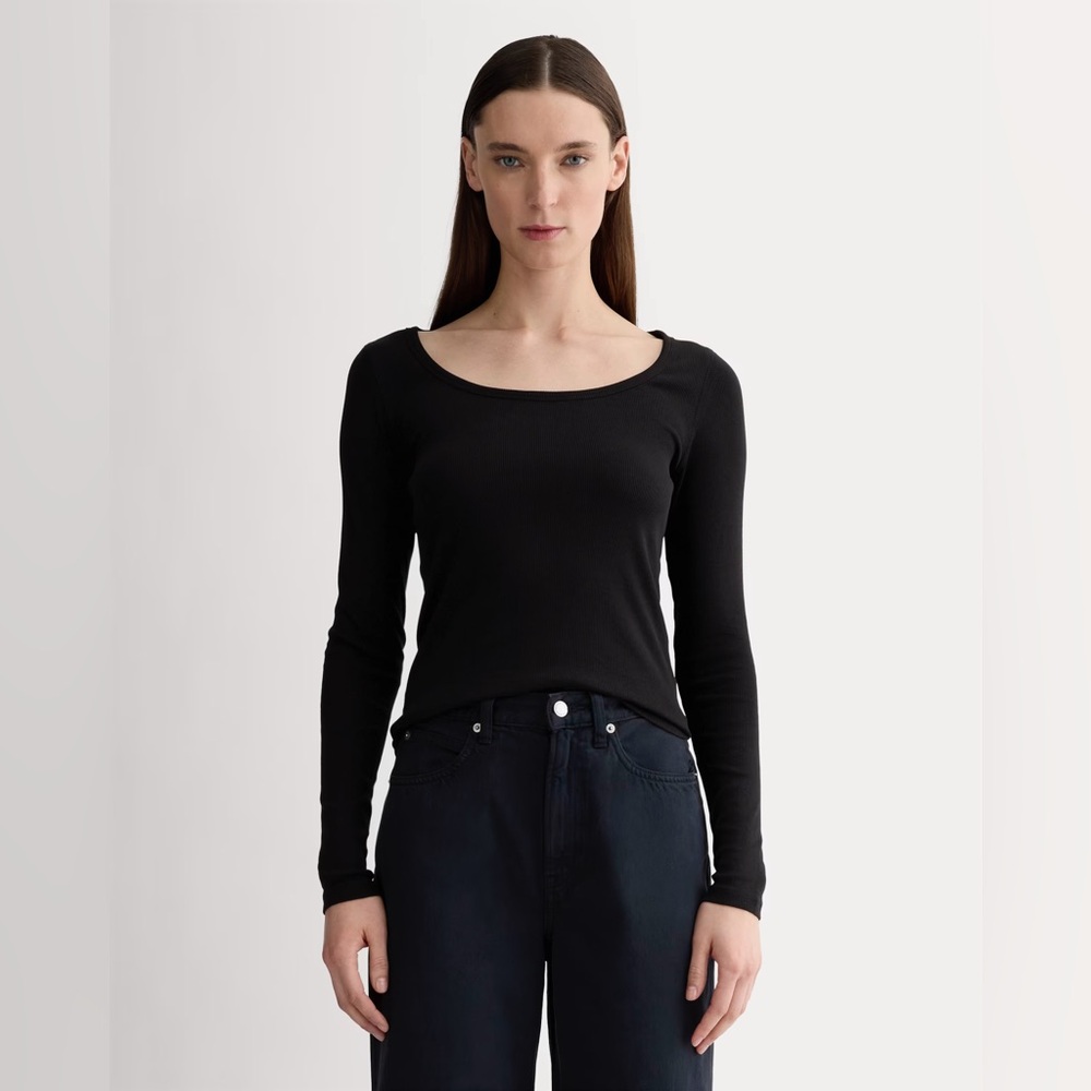 Everlane Luxe Rib Long-Sleeve Scoop-Neck Tee, Black, size Large